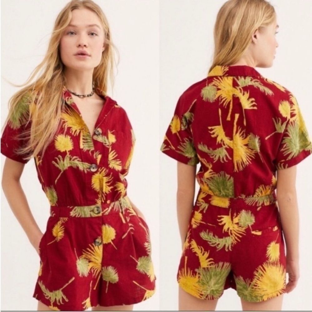 Free People Malibu tropical Island Romper jumpsuit Red cotton button front S